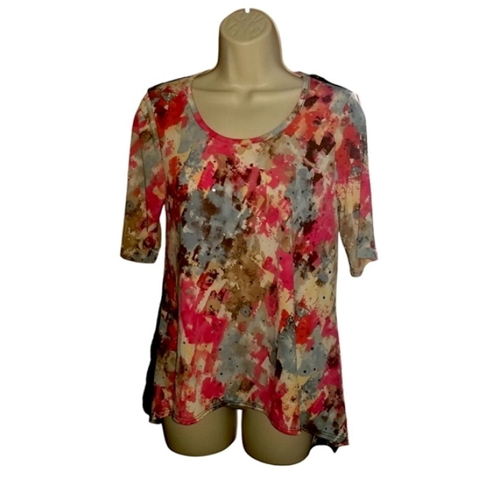 Floral Abstract Scoop Neckline Lace Back Asymmetrical Top W/ Sequins